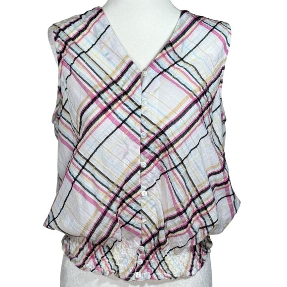 Rafaella Size MP Womens Plaid Button-Up Sleeveless Top With Smocked Hem - Picture 1 of 7